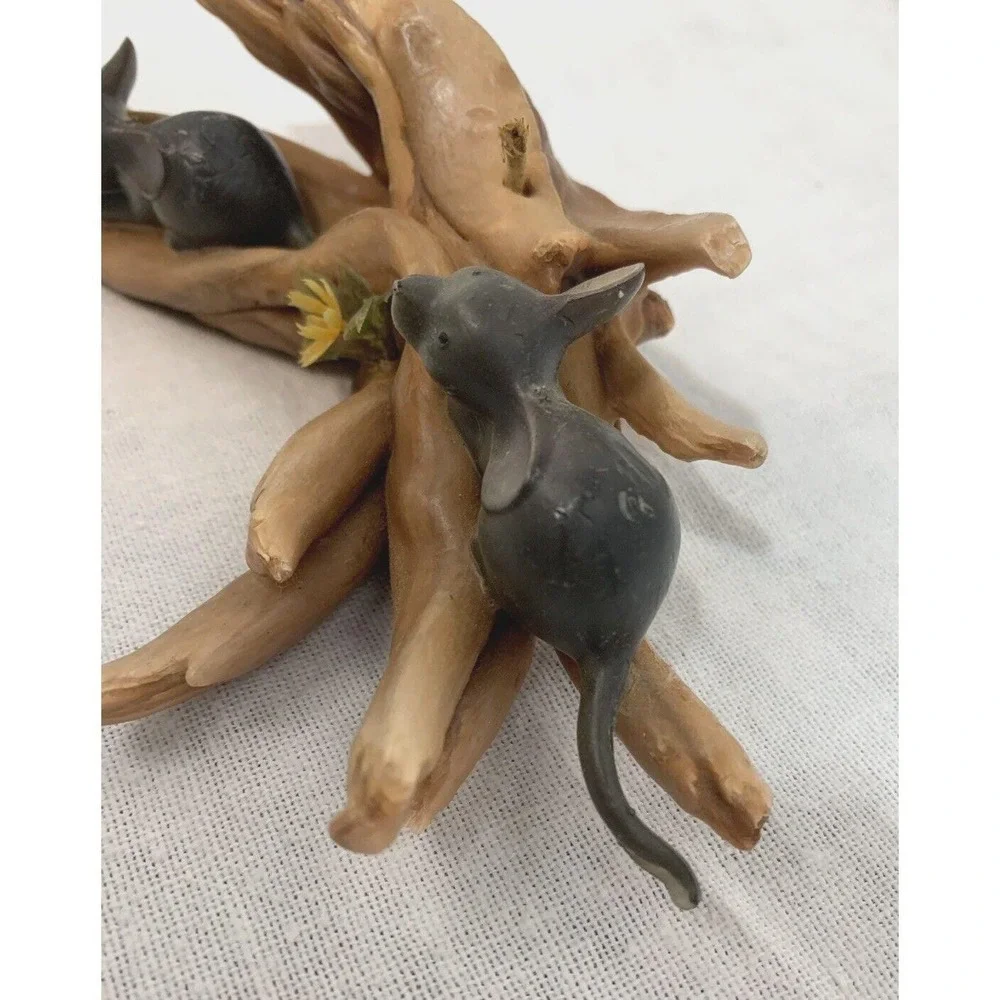 Sculpted Candle Two Mice on Logs in Forest Wax Vintage MCM Plastic Flower 9 inch